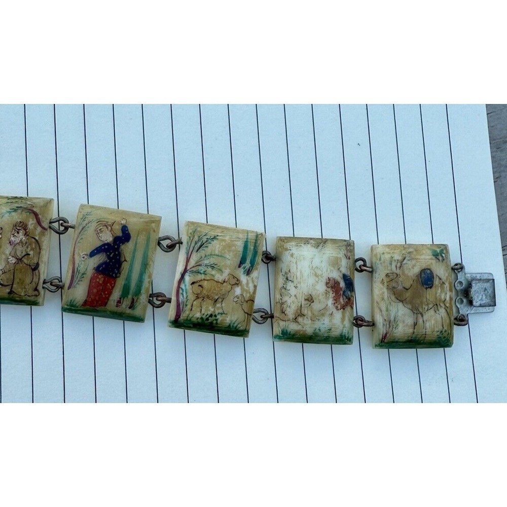 Antique Hand Painted Bone Panel Story Teller Bracelet Early 1900s s Unique 7.5" - Picture 4 of 5